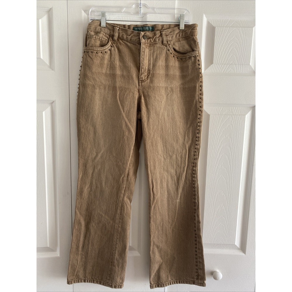 Lauren Ralph Lauren Studded Straight Jeans 10P Tan Boho Western Cotton Size 10P